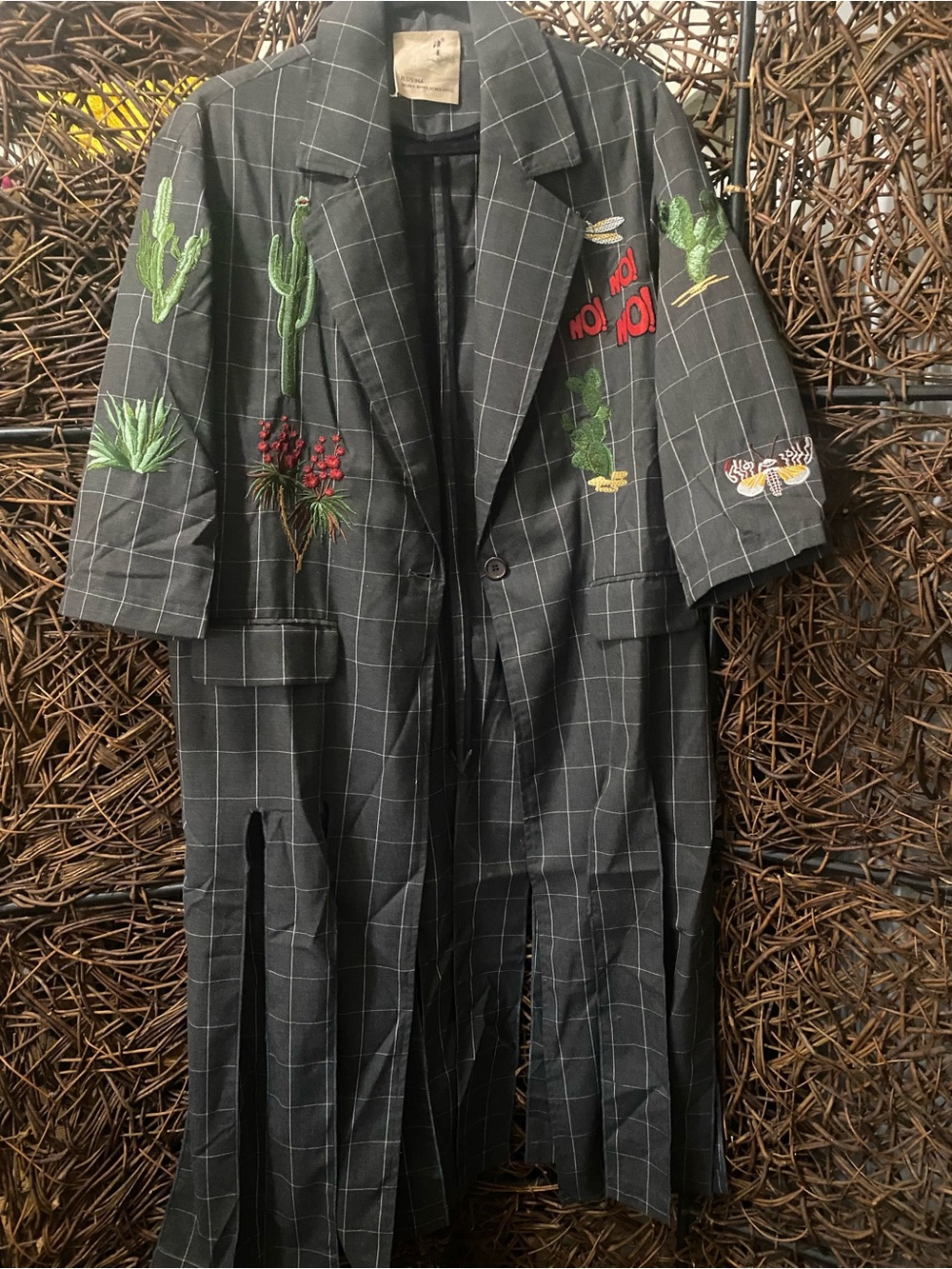 Embroidered Gray Windowpane Long Blazer with Cactus Motifs